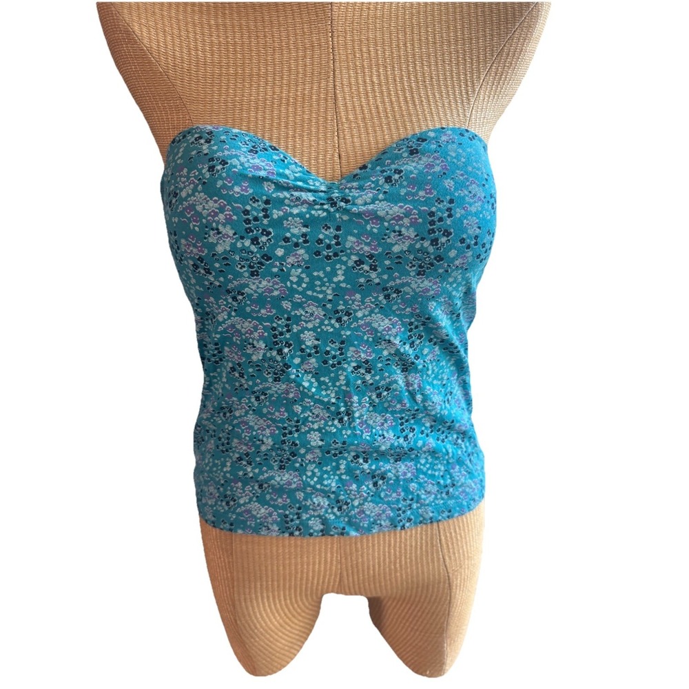 Y2K LEI Tube Top Tank Blue‎ Floral Print Strapless Sweetheart 100% Cotton Sz MED
